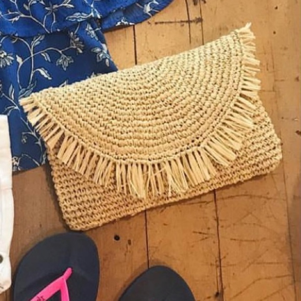 NWT bujibaja Natural Woven Raffia & Linen Sunshine Tassel Clutch / Crossbody Bag